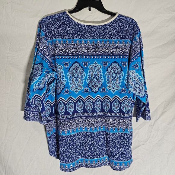 Vintage 90s beachy boho blue patterned 3/4 sleeve blouse v neck blouse - Picture 2 of 4